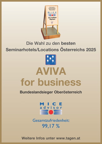 Seminarhotel AVIVA ist Bundeslandessieger Oberösterreich 2026 Urkunde Goldenes Flipchart mit 99,17% Gesamtzufriedenheit